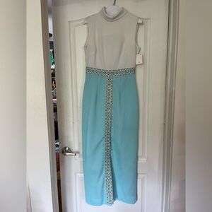 1970s White and Blue Sleeveless Maxi Dress